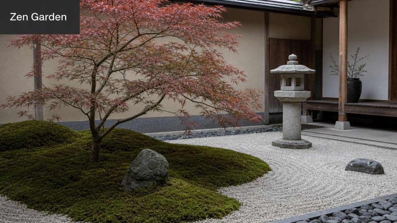 A serene Japanese zen garden featuring a red maple tree, mossy mounds, and a stone lantern.