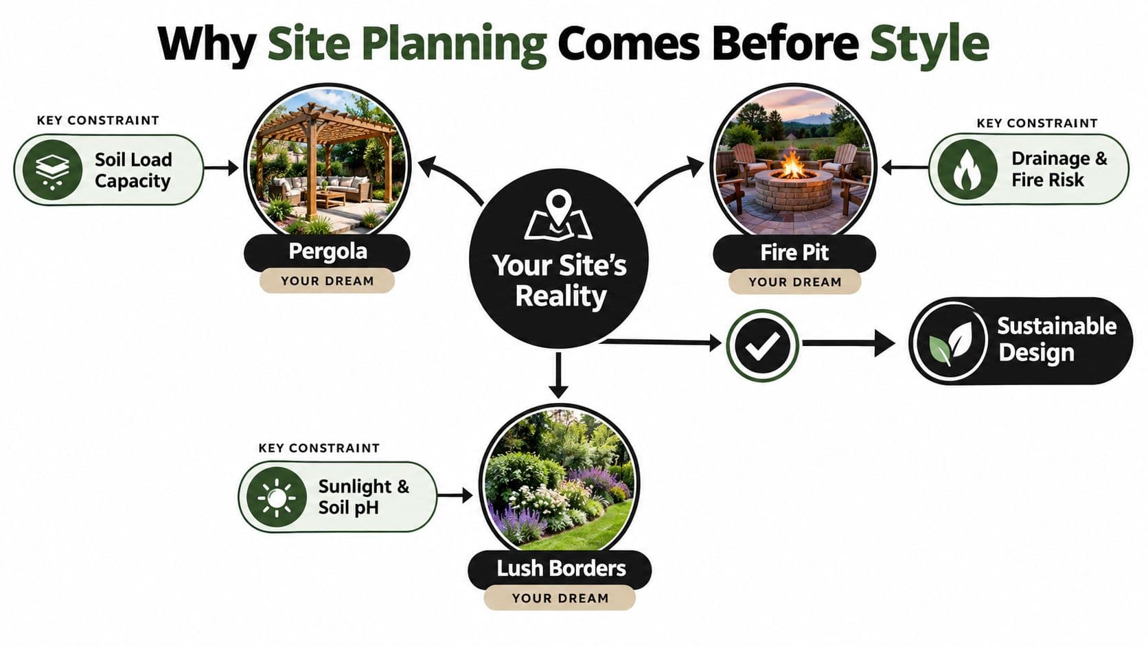 A diagram illustrating how site planning constraints like soil and light affect landscape design dreams.