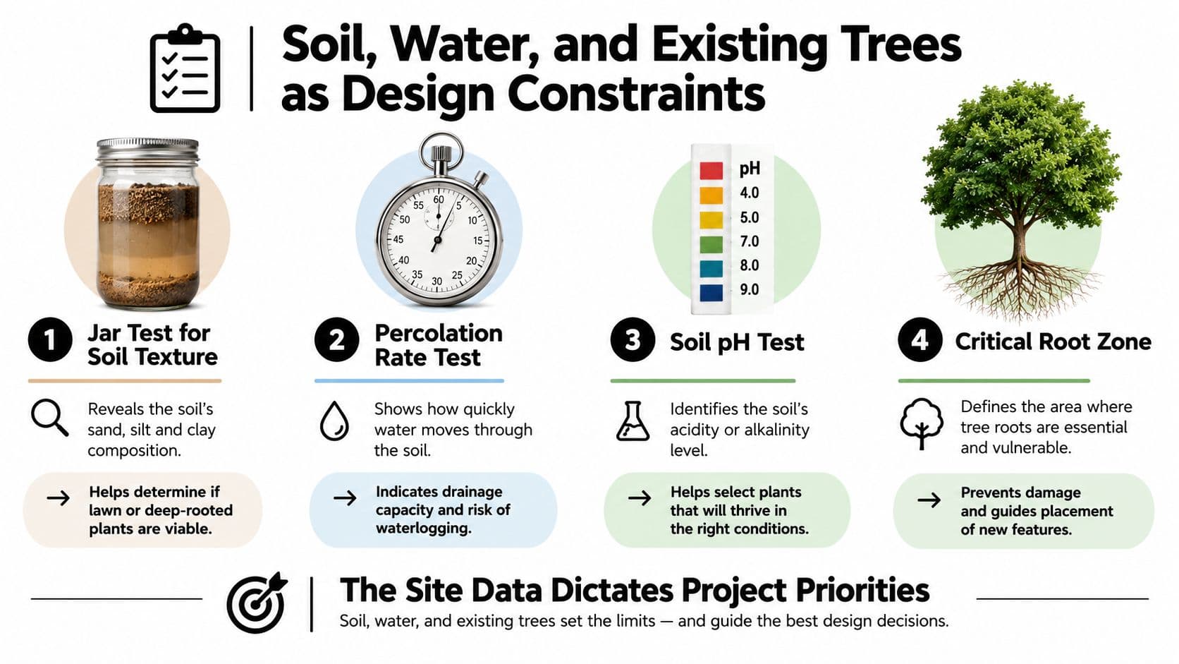 An infographic showing four soil and tree analysis methods for landscape planning including jar test, percolation, pH, and root zone.