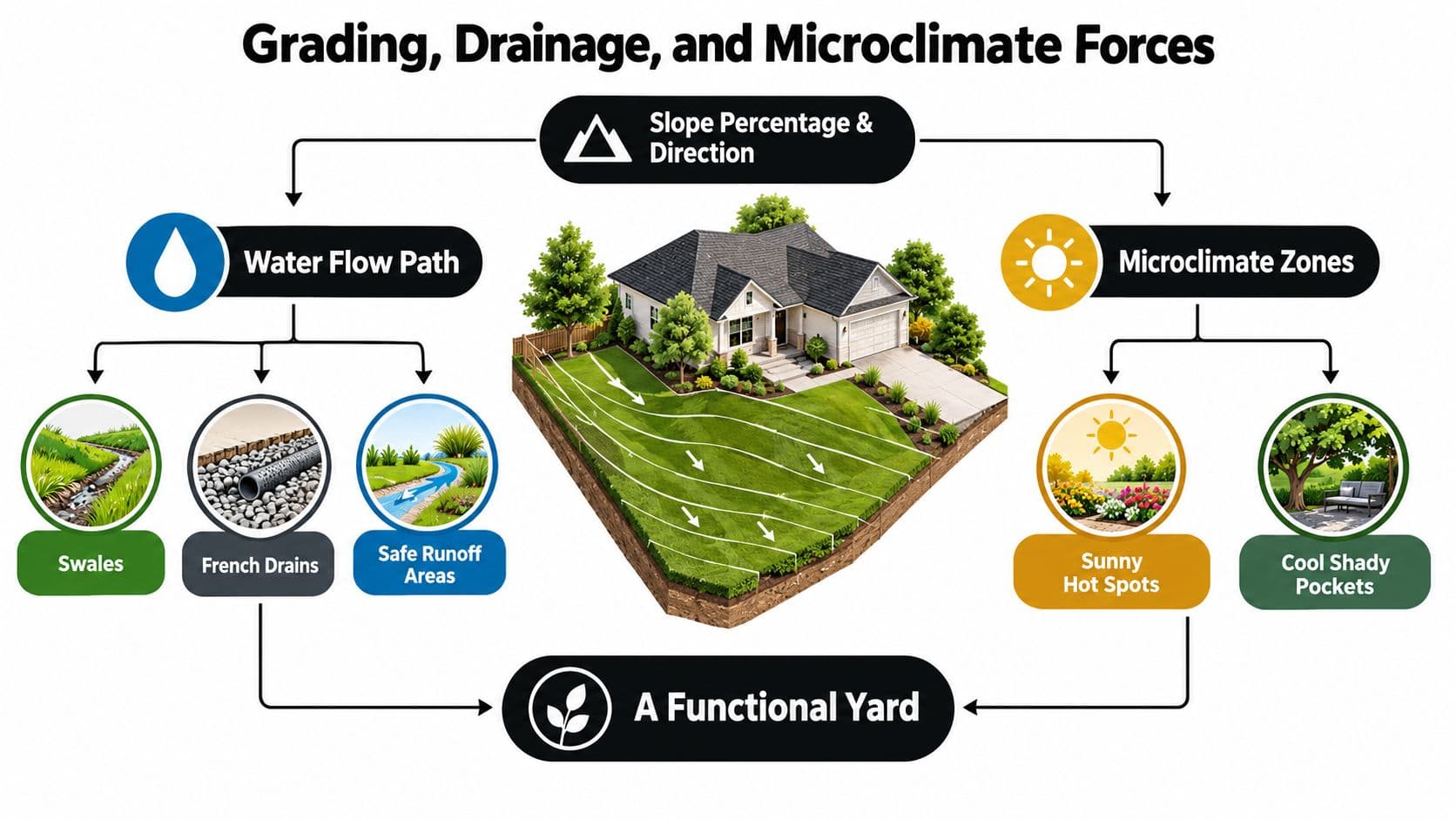 A diagram illustrating how grading, drainage, and microclimate factors contribute to creating a functional residential yard.
