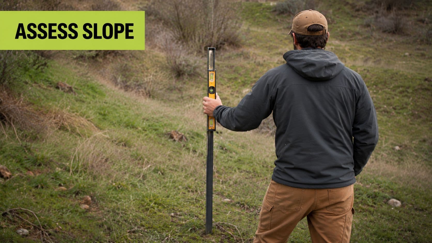 A person standing on a hillside using a level tool to assess the ground slope for landscaping.