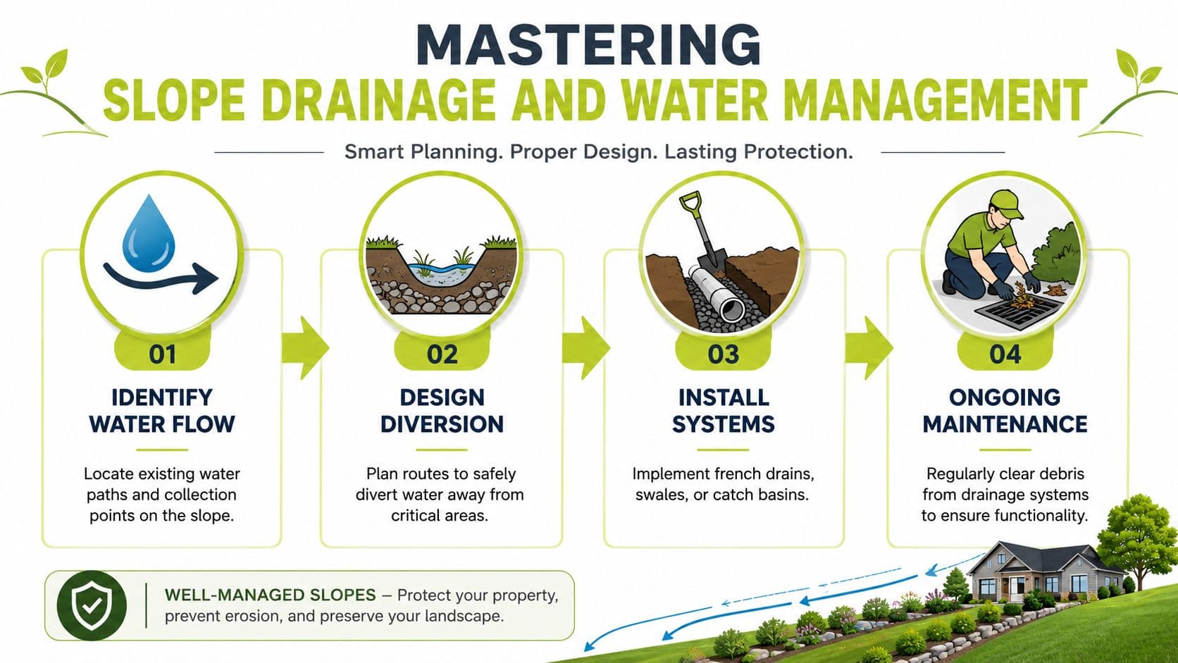 An infographic showing four steps for mastering slope drainage and water management for home landscapes.