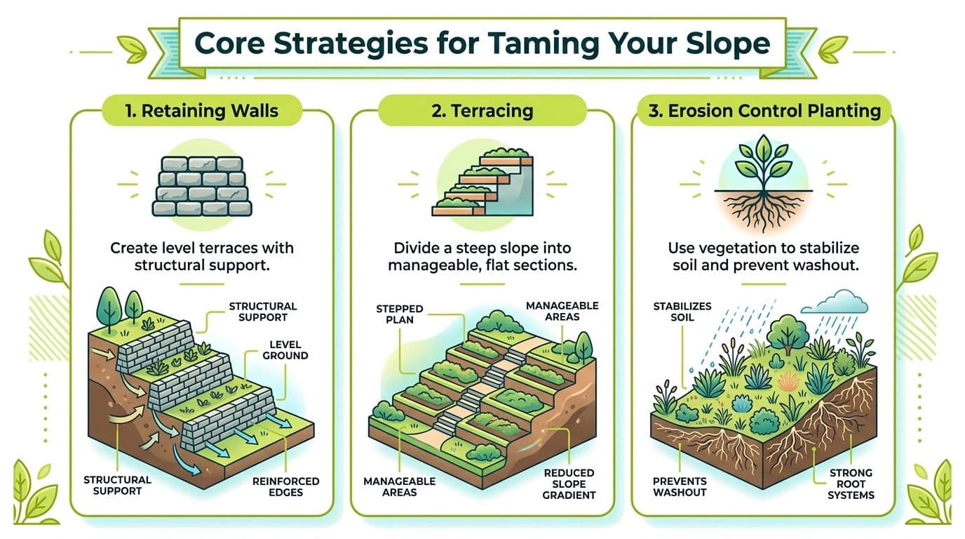 An infographic showing three landscaping strategies for managing sloped yards including retaining walls, terracing, and erosion control planting.