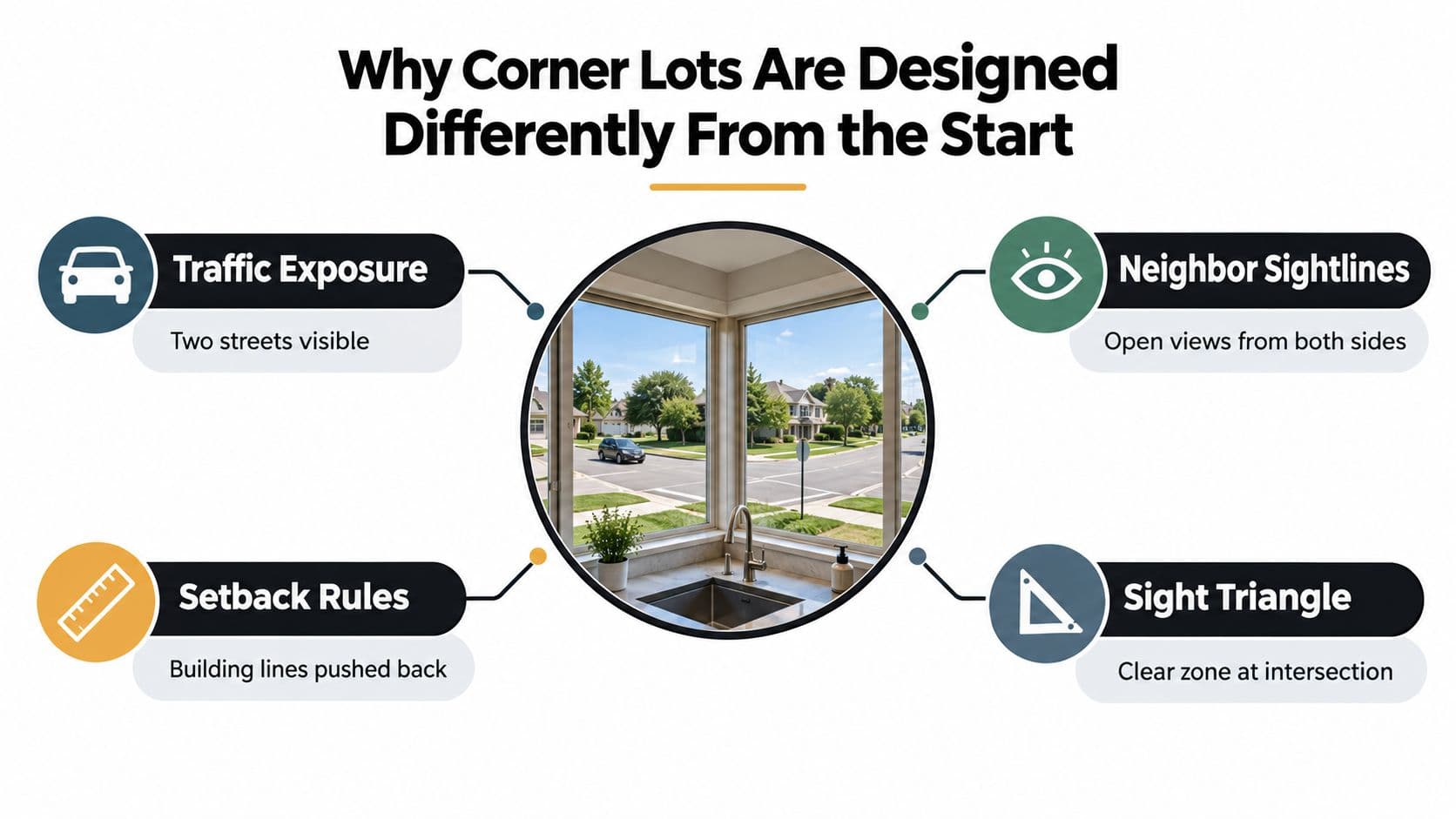 An infographic showing four key design considerations for corner lot properties including traffic, sightlines, setbacks, and triangles.