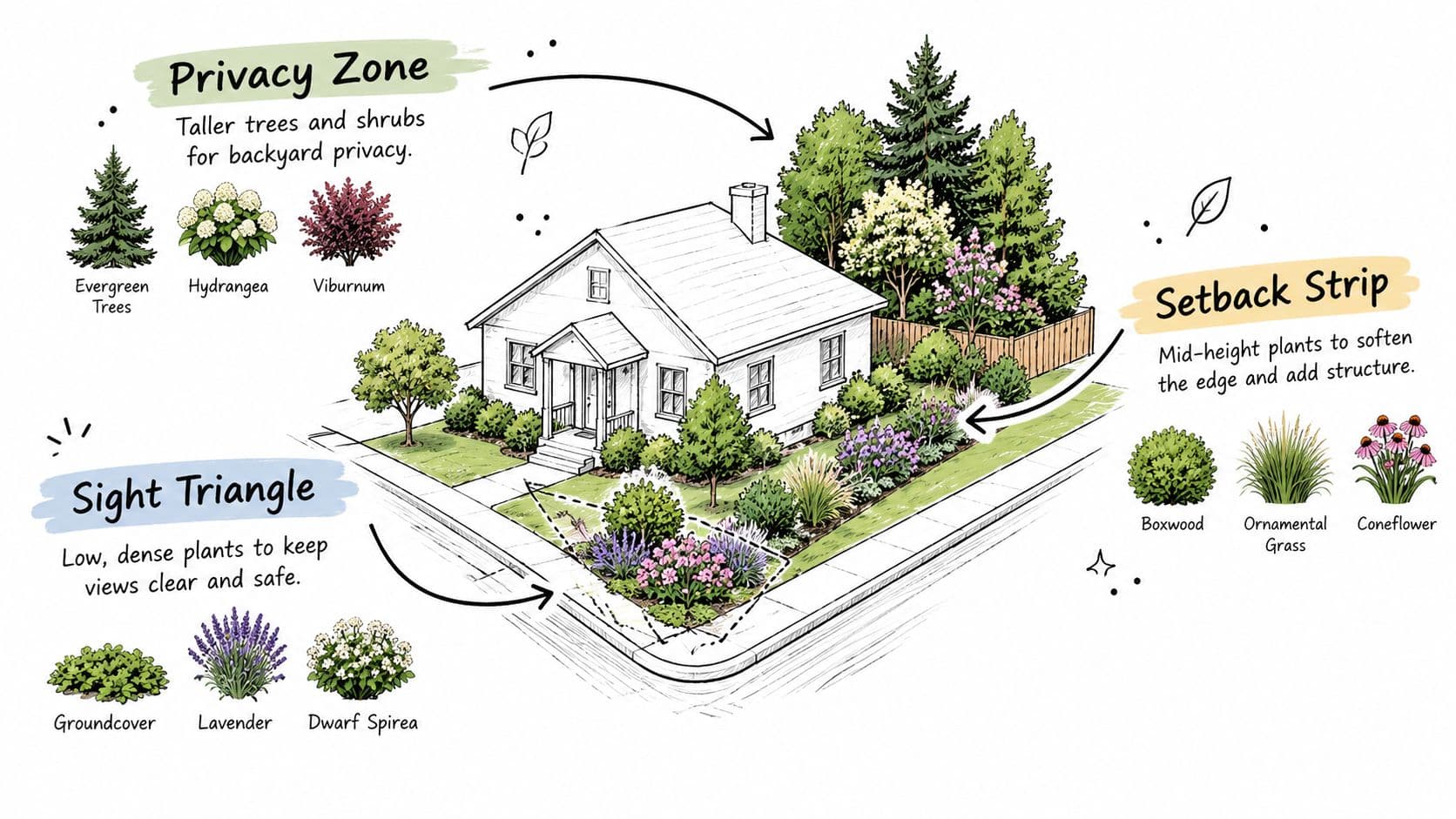 An illustration showing landscaping design strategies for a corner lot including privacy zones and sight triangles.