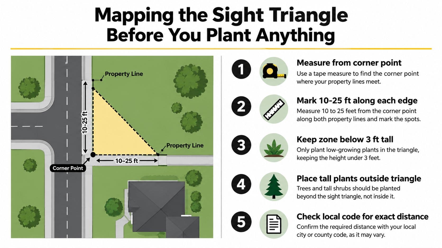 An infographic showing how to map a safety sight triangle at a residential corner property for landscaping.