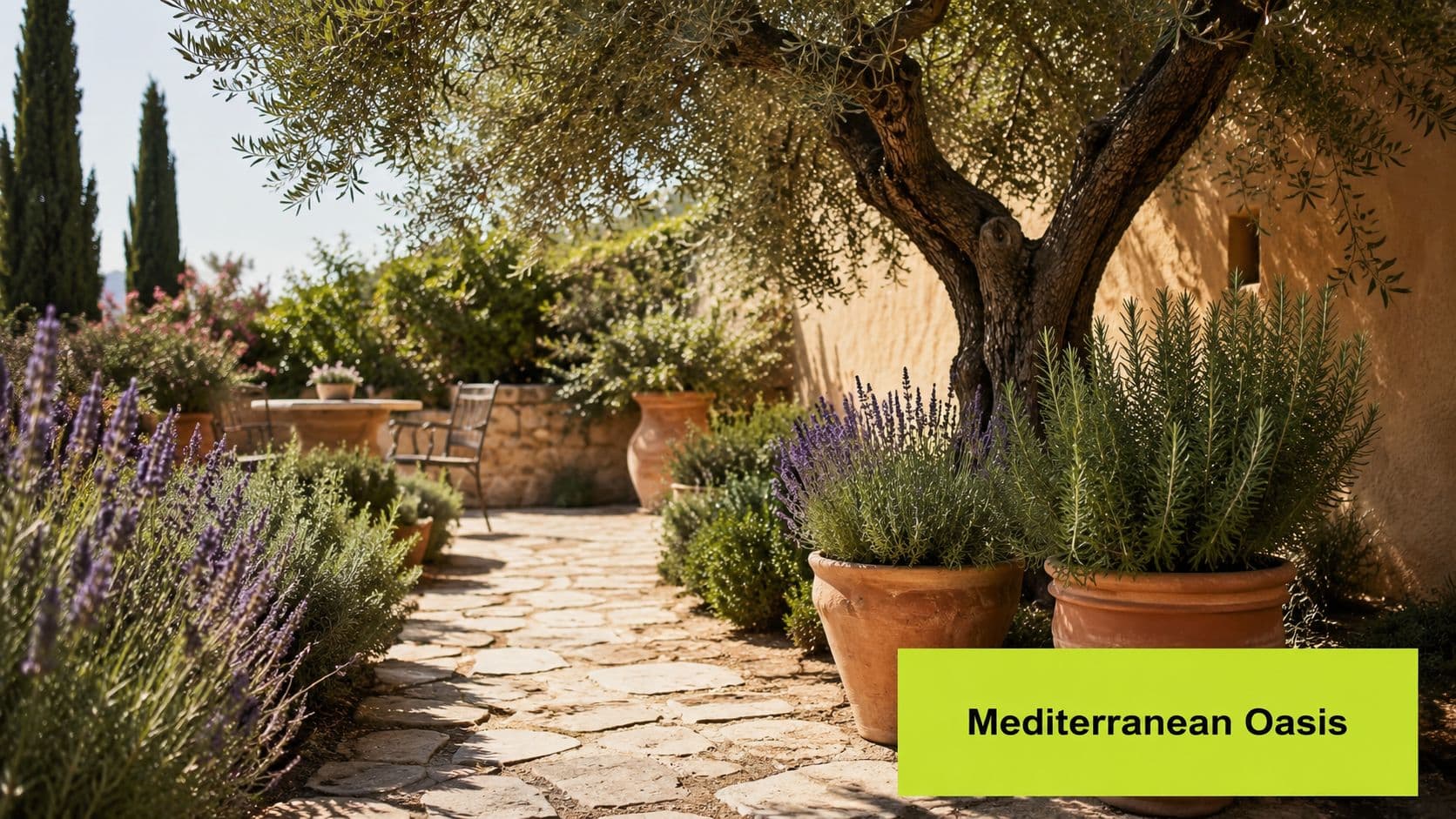 A serene Mediterranean garden featuring lavender, rosemary, stone paths, and an olive tree in a terracotta pot.