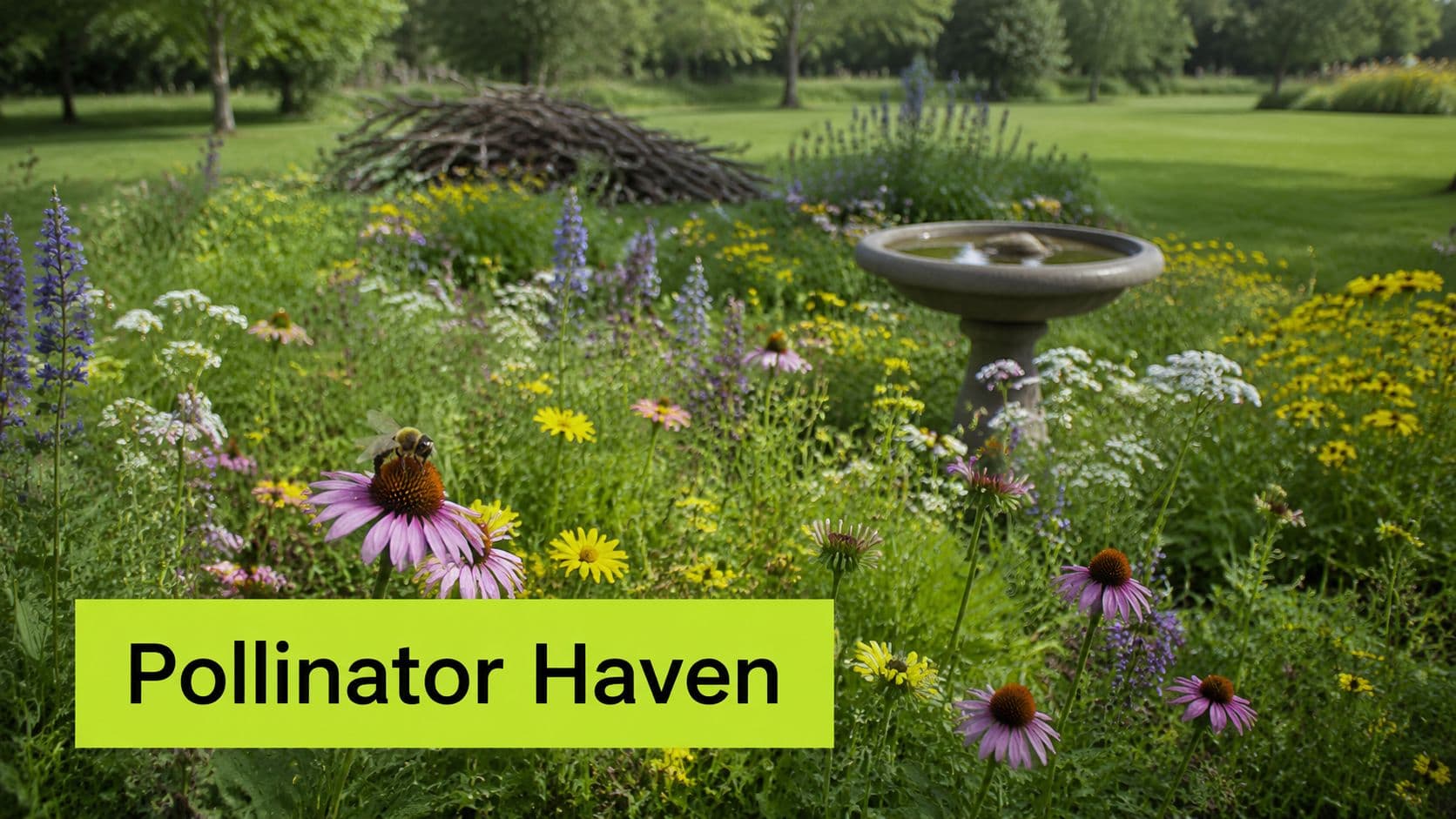A vibrant garden filled with colorful wildflowers, a bee on a coneflower, and a stone birdbath.