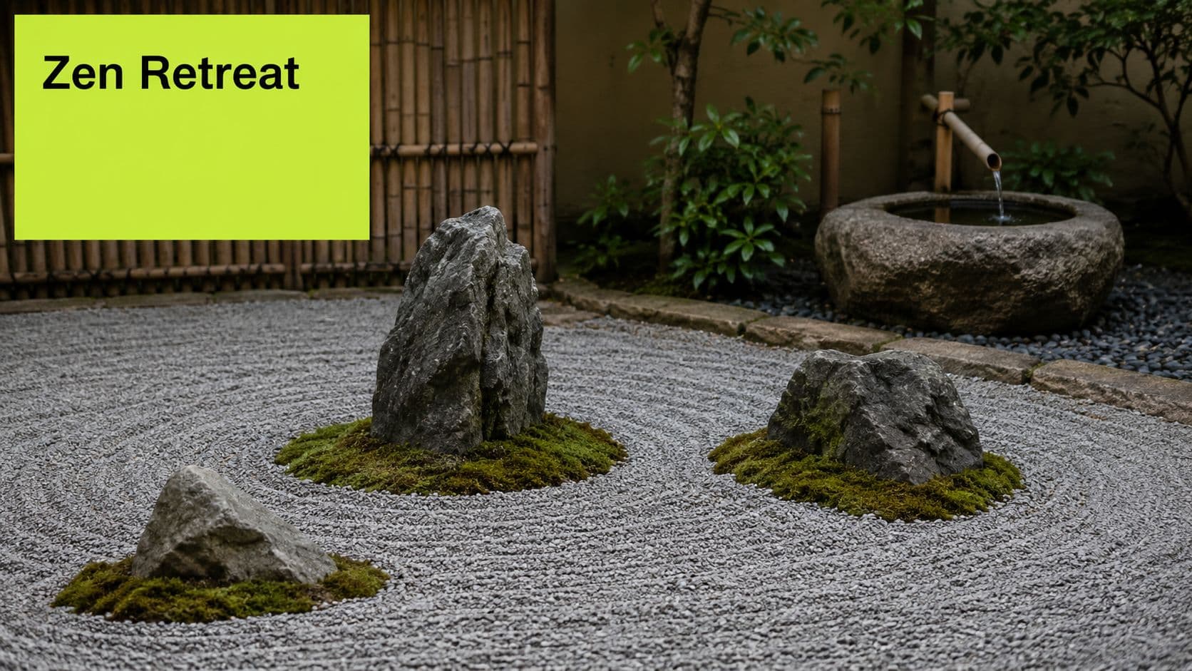 A serene zen garden featuring raked gravel, mossy rocks, and a traditional stone water basin.