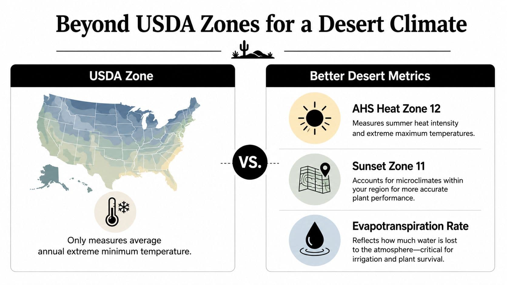 An infographic comparing USDA hardiness zones with more effective desert climate gardening metrics like heat zones.
