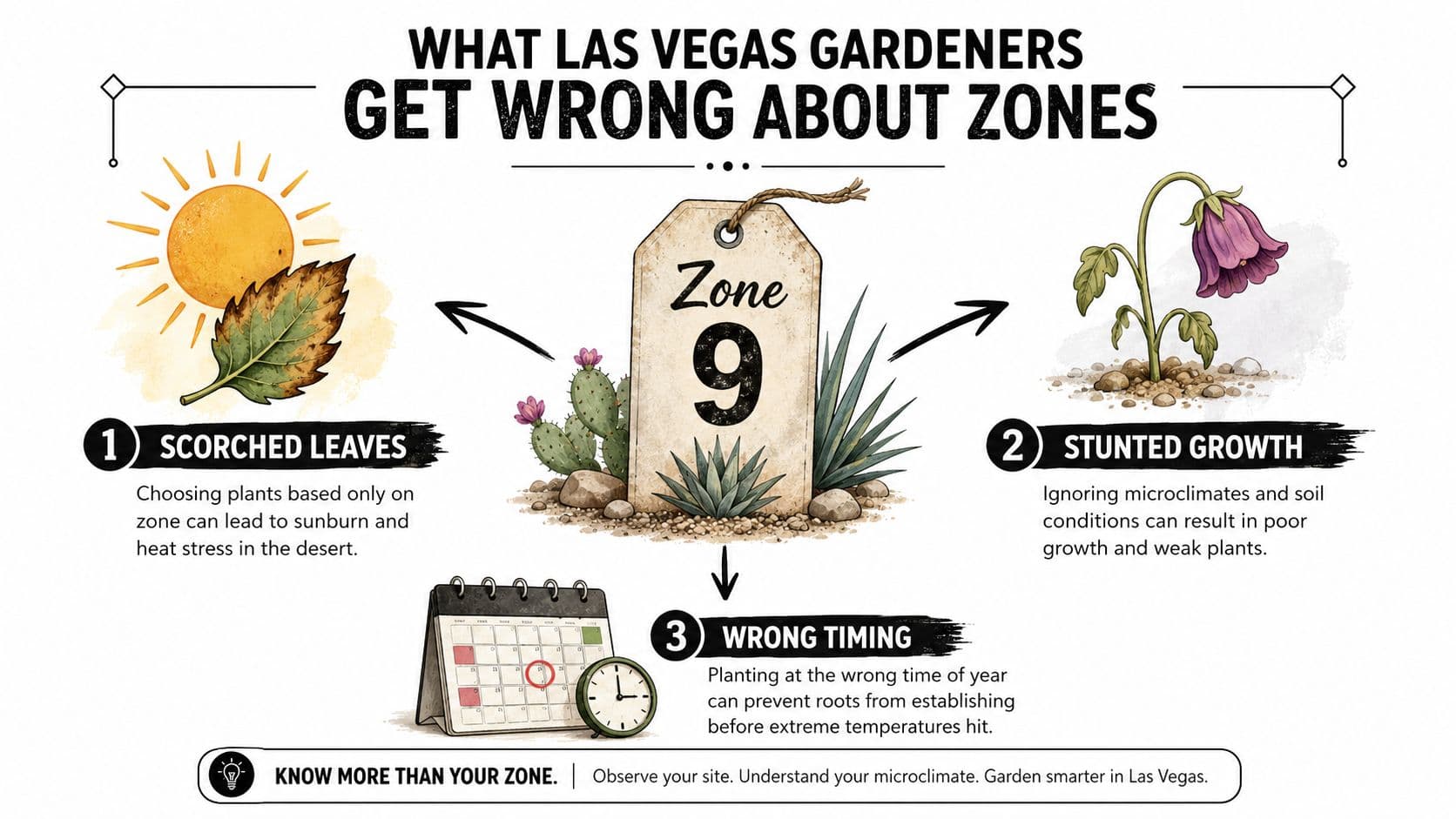 An infographic titled What Las Vegas Gardeners Get Wrong About Zones, explaining common desert gardening mistakes.