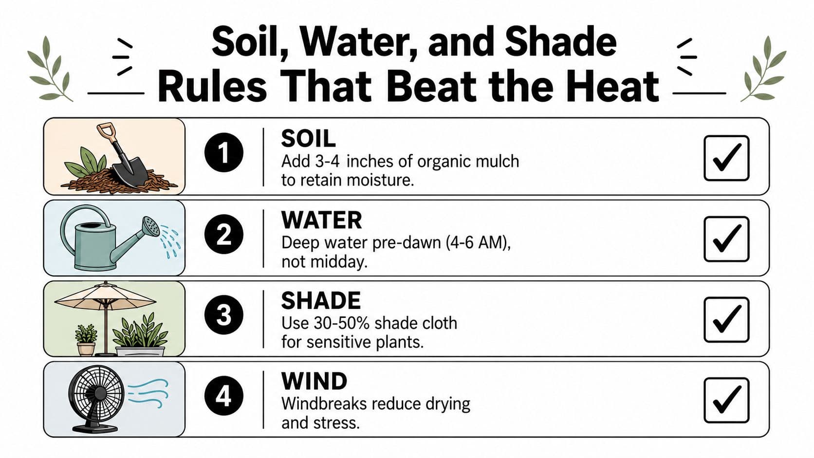 An infographic titled Soil, Water, and Shade Rules That Beat the Heat illustrating four gardening tips.