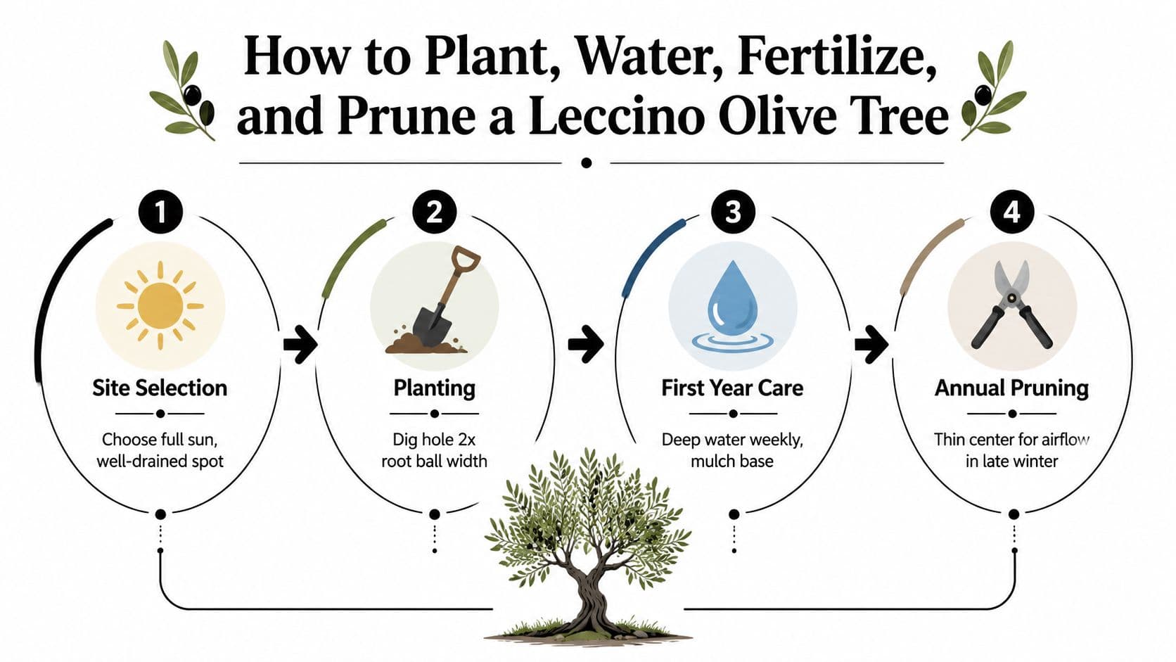 An infographic showing four steps to plant, water, fertilize, and prune a Leccino olive tree.