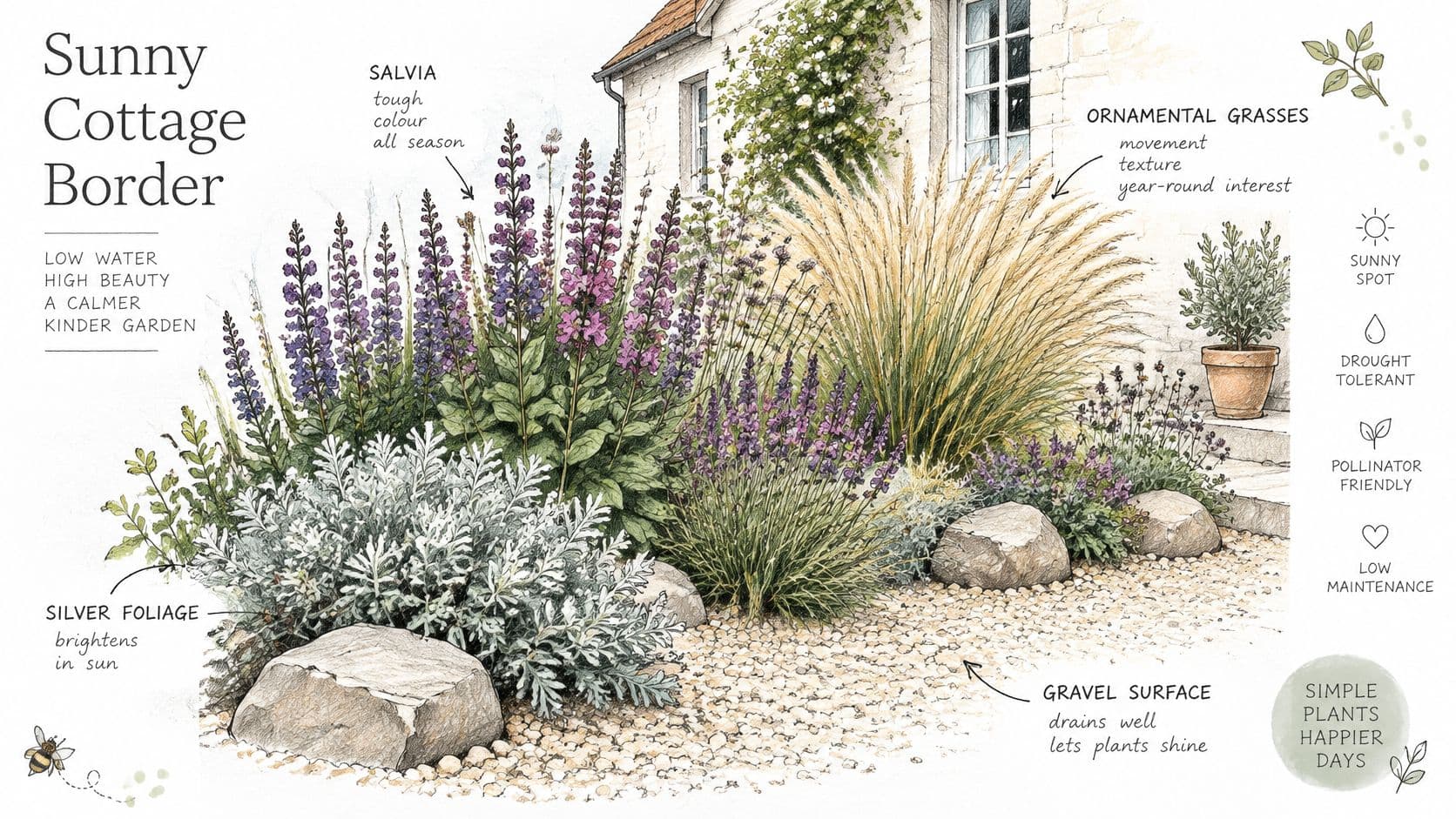 A botanical illustration depicting a sunny cottage border garden design with colorful flowers and ornamental grasses.