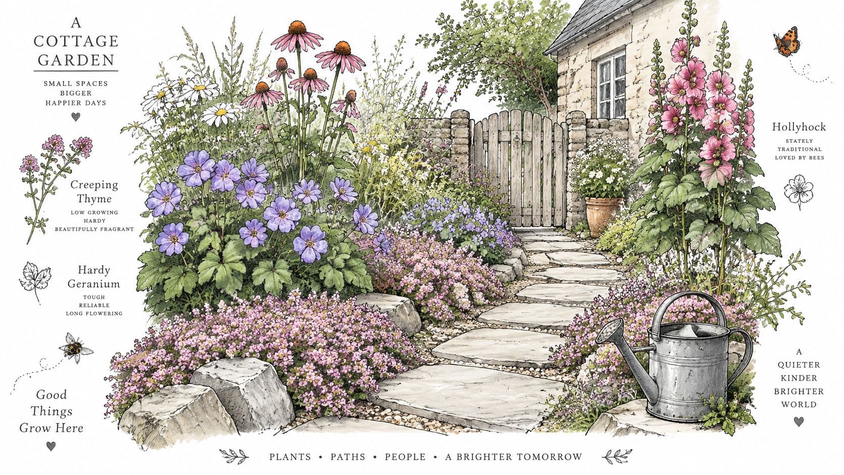 A beautiful watercolor illustration of a charming cottage garden with blooming flowers, stone path, and watering can.