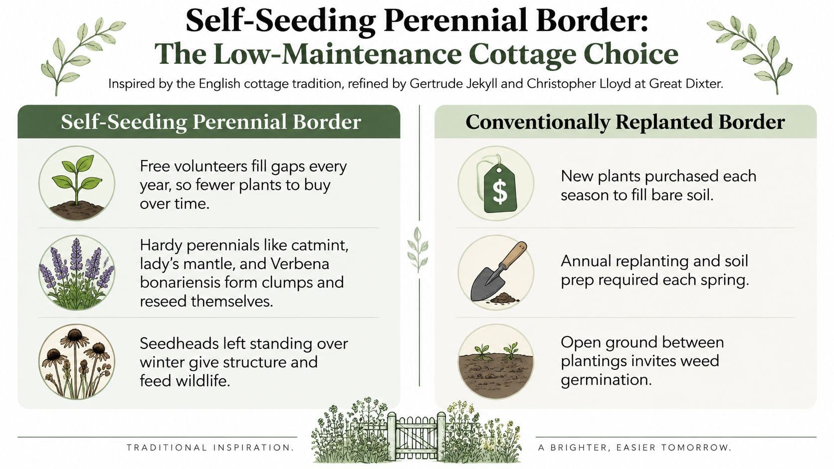 A comparison infographic between self-seeding perennial garden borders and traditionally replanted flower beds in a cottage garden.