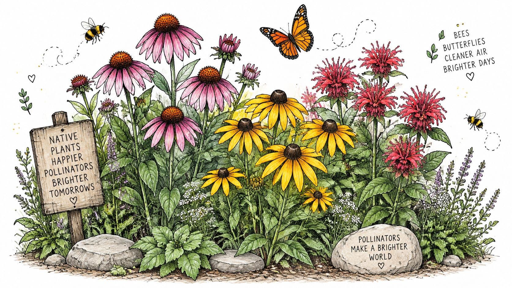 A beautiful botanical illustration of native wildflowers with bees and a butterfly, including encouraging environmental quotes.