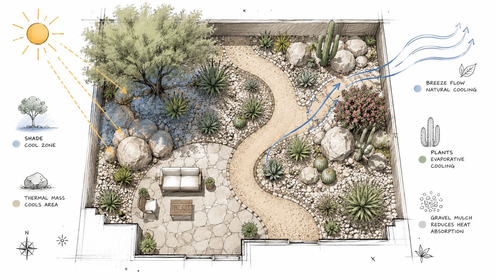 A hand-drawn architectural plan showing a sustainable, low maintenance desert garden design with cooling features.