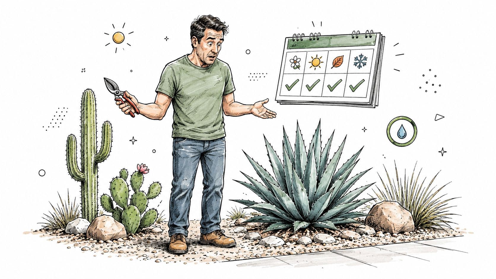 A confused gardener holding pruning shears standing next to a large agave and desert cactus garden.