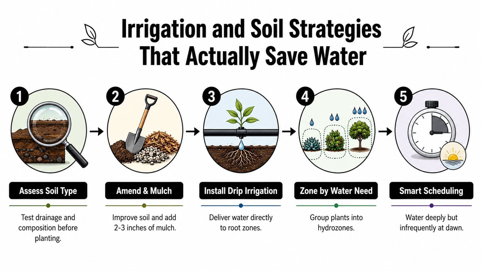 A step-by-step guide showing five key strategies for efficient irrigation and soil management in landscaping.
