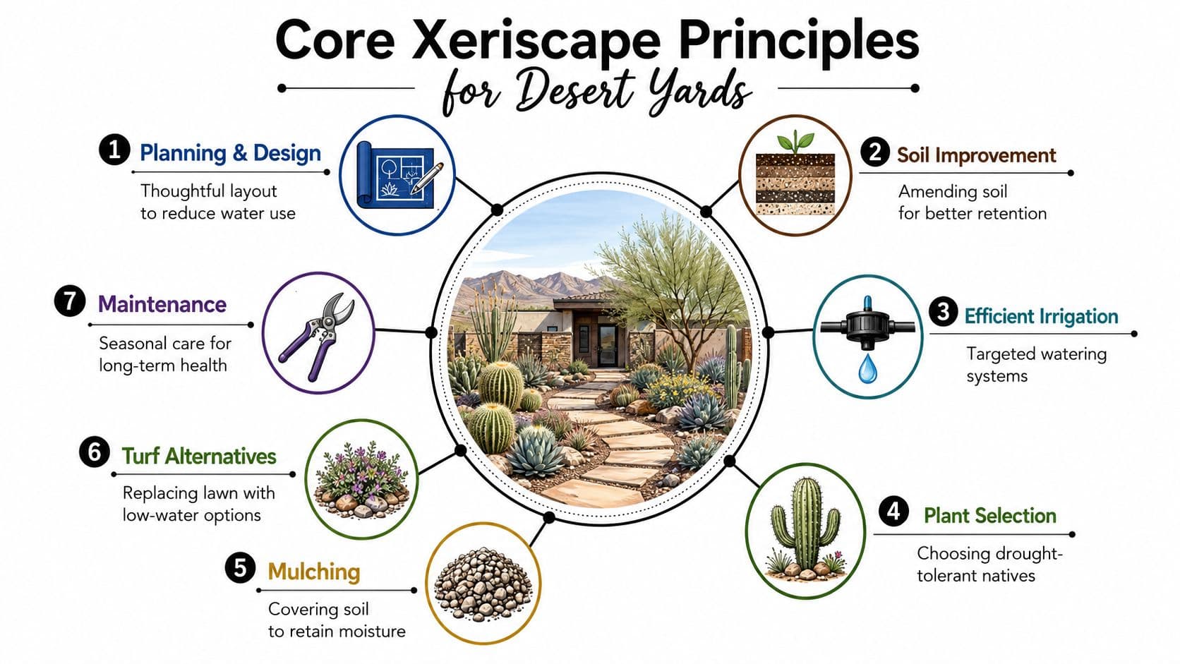A diagram illustrating the seven core xeriscape principles for creating sustainable and water-efficient desert landscapes.