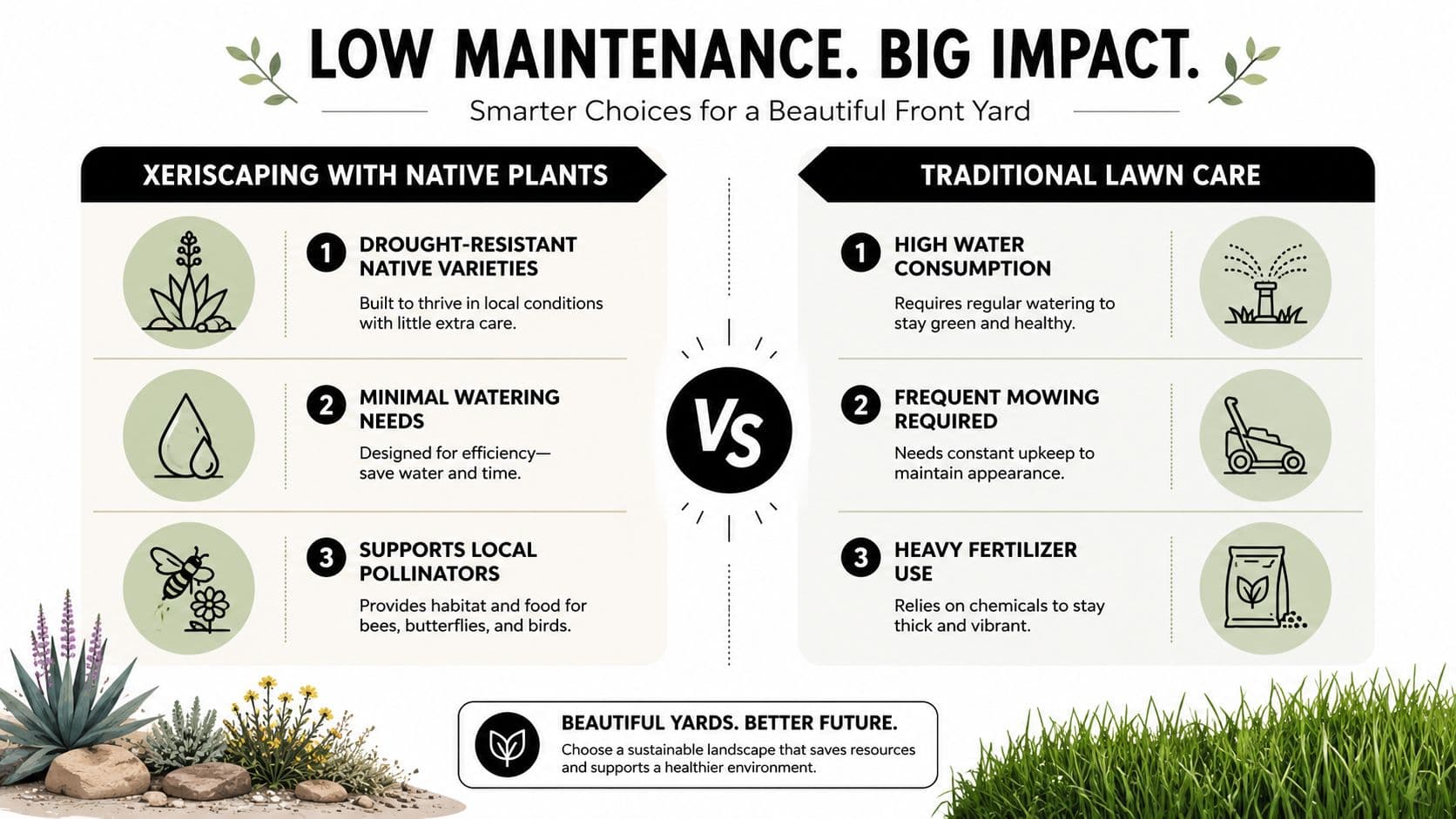 A comparison infographic showing the benefits of xeriscaping with native plants versus traditional lawn care.