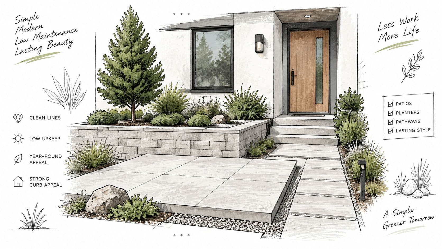 A modern landscaping design illustration featuring a clean patio, retaining wall, stone steps, and ornamental plants.