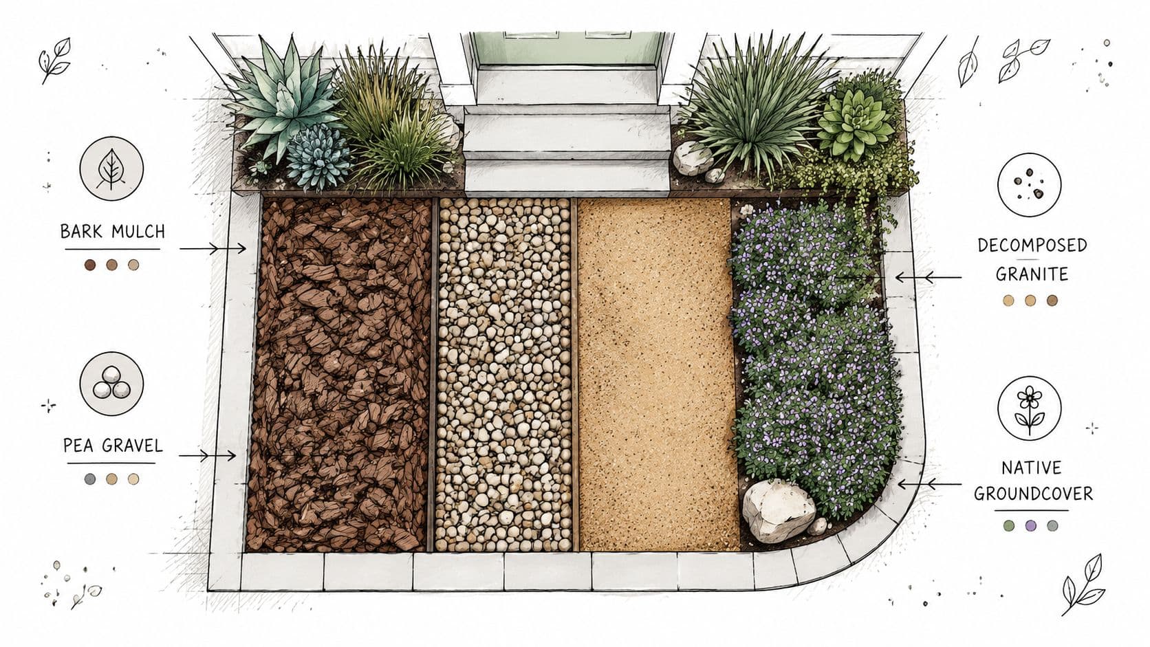 A top-down landscaping design illustration featuring gravel, mulch, and native plants for a low maintenance front yard.
