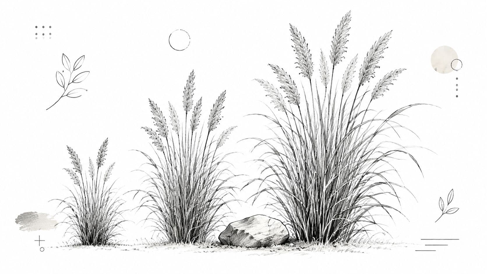 A pencil sketch of three pampas grass plants of varying heights arranged with a decorative rock.