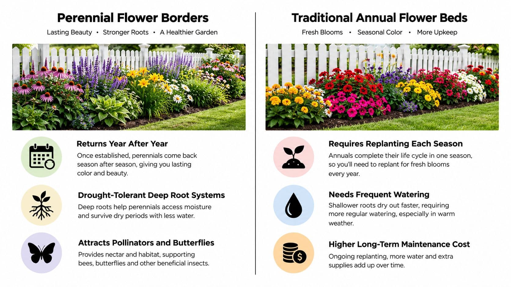 A comparison chart showing the benefits of perennial flower borders versus traditional annual flower beds in gardens.