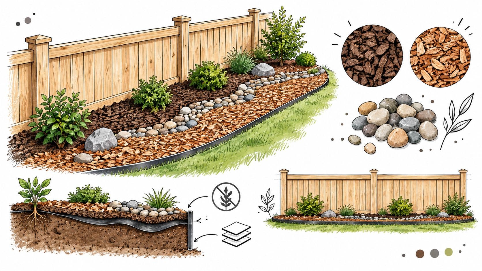 A detailed illustration showing low maintenance landscaping steps, including ground cover installation, mulch, and stone borders along fences.