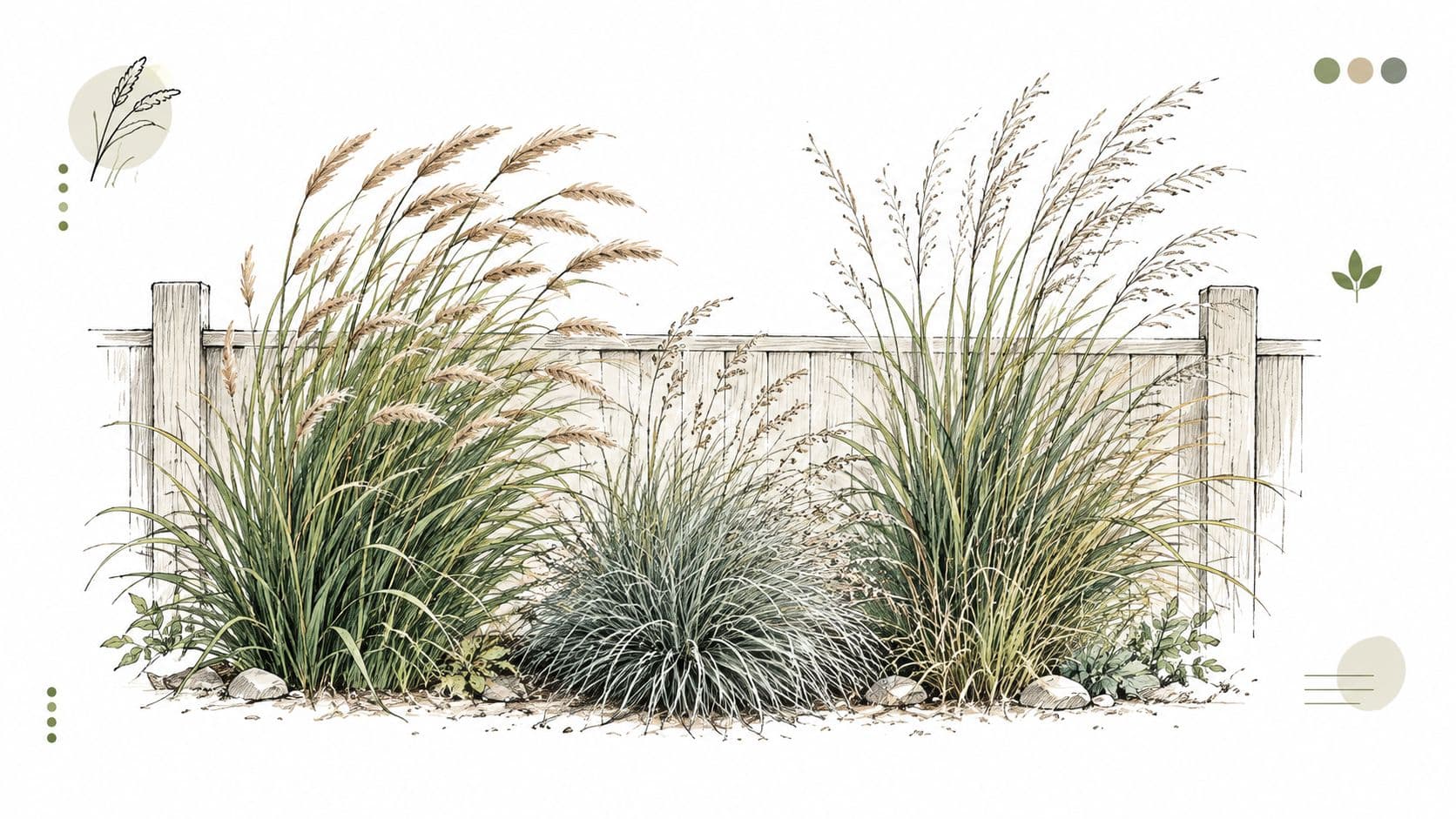 A beautiful botanical illustration of ornamental grasses planted in front of a classic wooden fence.