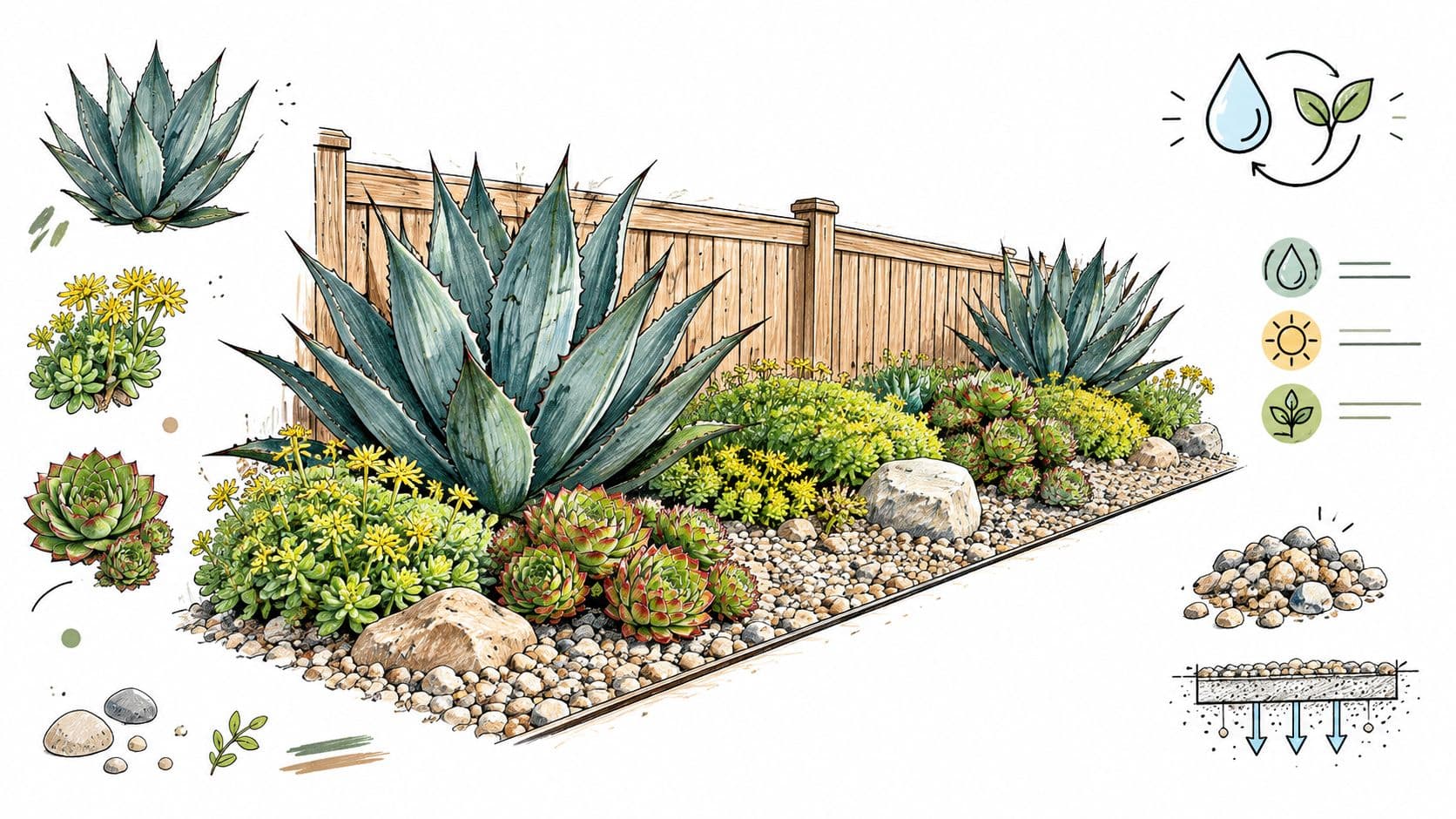 A landscape design illustration showing a succulent garden bed planted along a wooden fence with gravel.