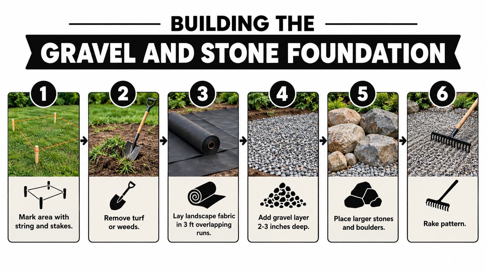 A step-by-step instructional infographic on how to install a gravel and stone foundation in a backyard.