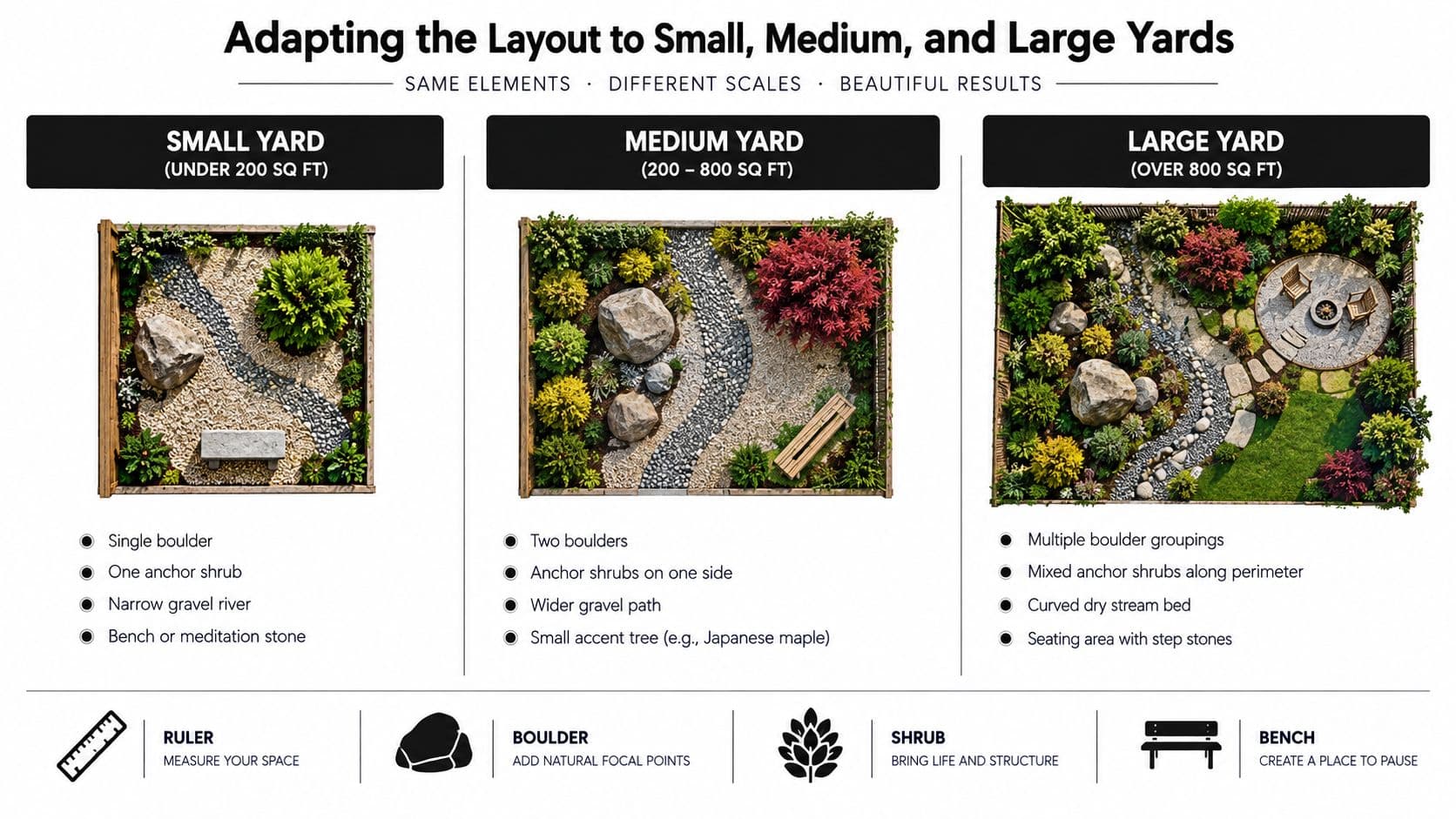 An infographic showing how to adapt zen garden landscaping designs for small, medium, and large yards.