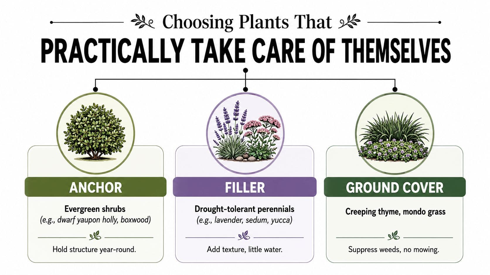 An infographic titled Choosing Plants That Practically Take Care Of Themselves categorized into anchor, filler, and ground cover.