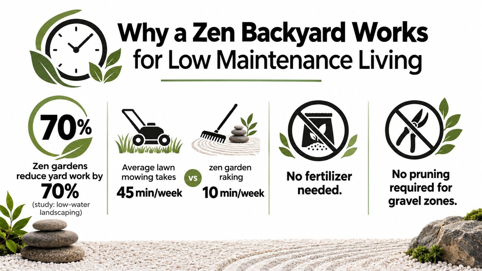 An infographic showing that zen gardens reduce yard maintenance time compared to traditional grass lawns.