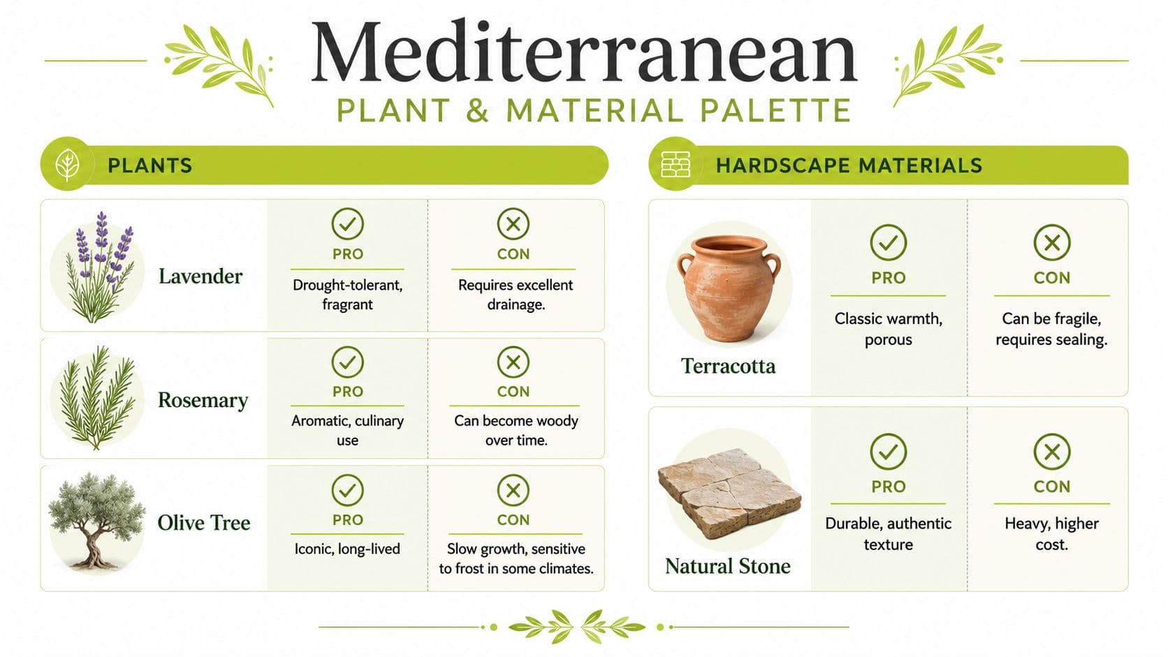 A Mediterranean plant and hardscape material palette guide showcasing common garden elements with their respective pros and cons.