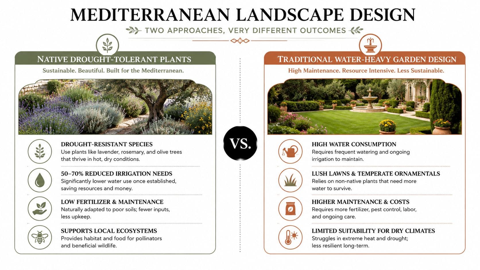 A comparison infographic showing the difference between native drought-tolerant Mediterranean garden design and traditional water-heavy landscaping.