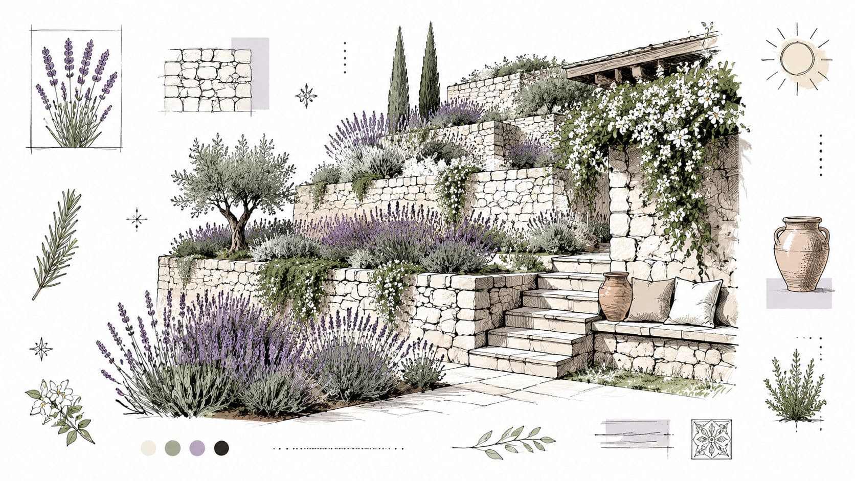 A detailed architectural sketch of a terraced Mediterranean garden featuring lavender, stone walls, and a cozy seating area.