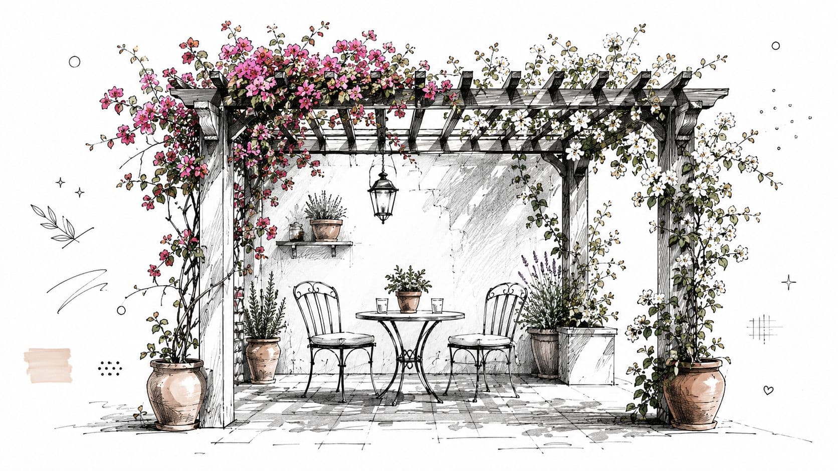 A beautiful pencil sketch drawing of a patio with a pergola covered in flowers and chairs.