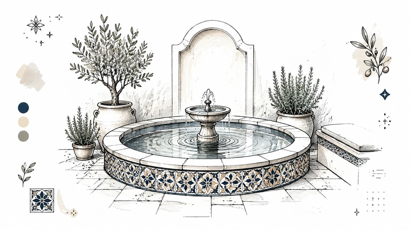 A beautiful stone fountain with mosaic tiles in a serene Mediterranean garden setting with potted plants.