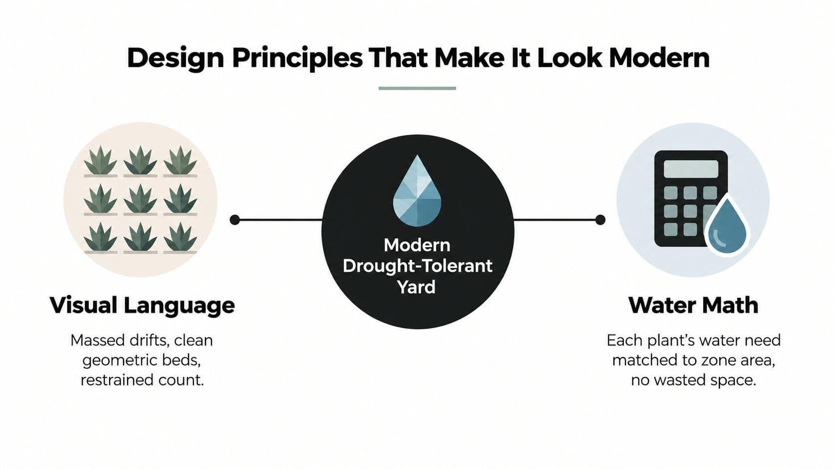A diagram outlining the key design principles of a modern drought-tolerant yard including visual language and water efficiency.