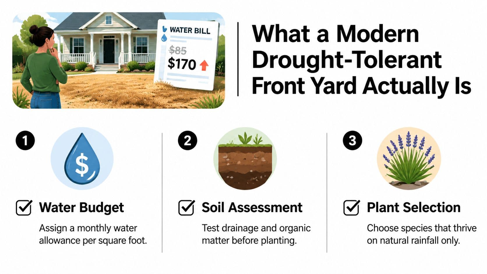 A woman looks at a dried-up lawn next to an infographic with three steps for modern drought-tolerant landscaping.