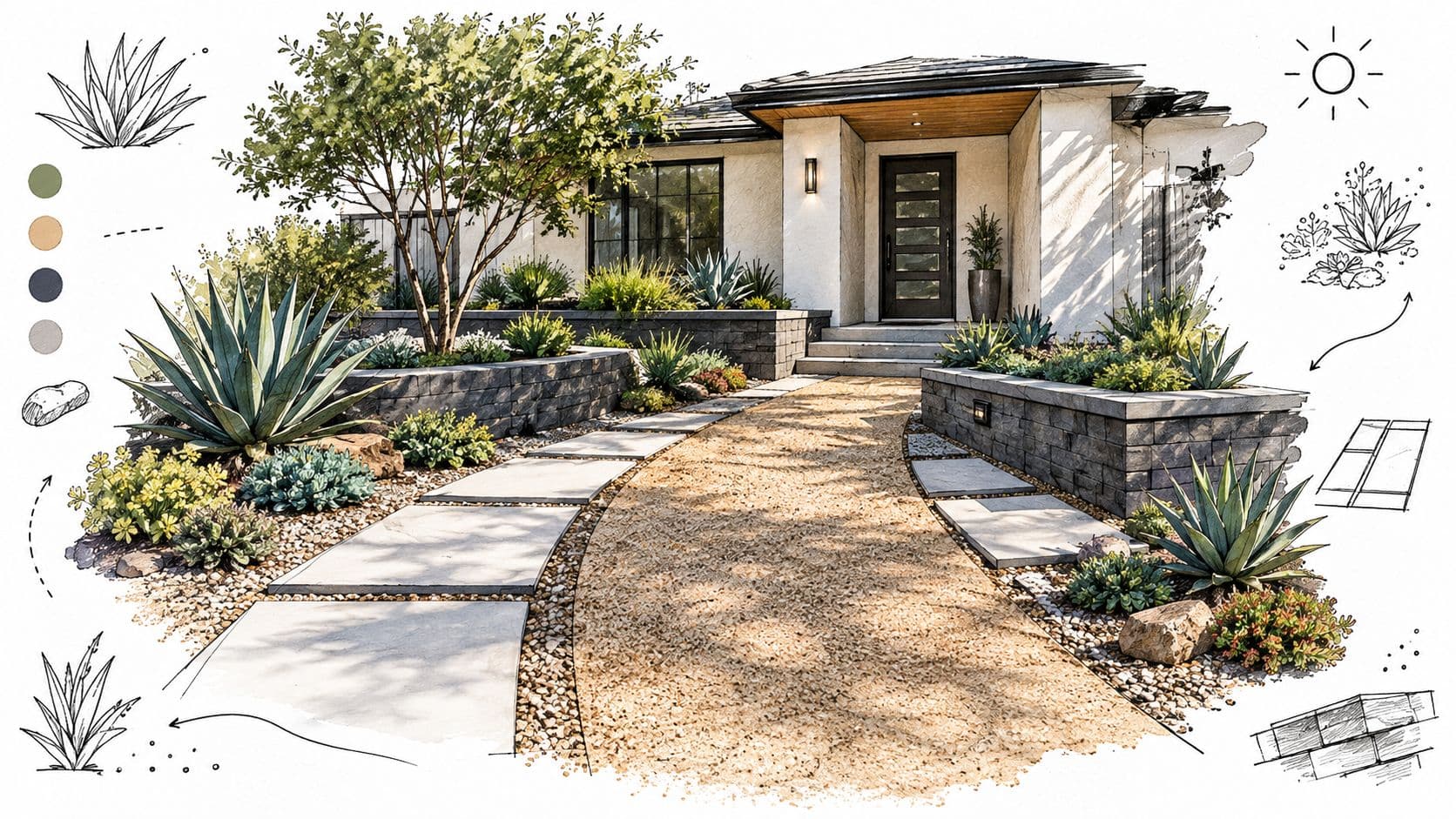 A modern front yard featuring drought-tolerant landscaping with agave plants, stone pavers, and a gravel walkway.