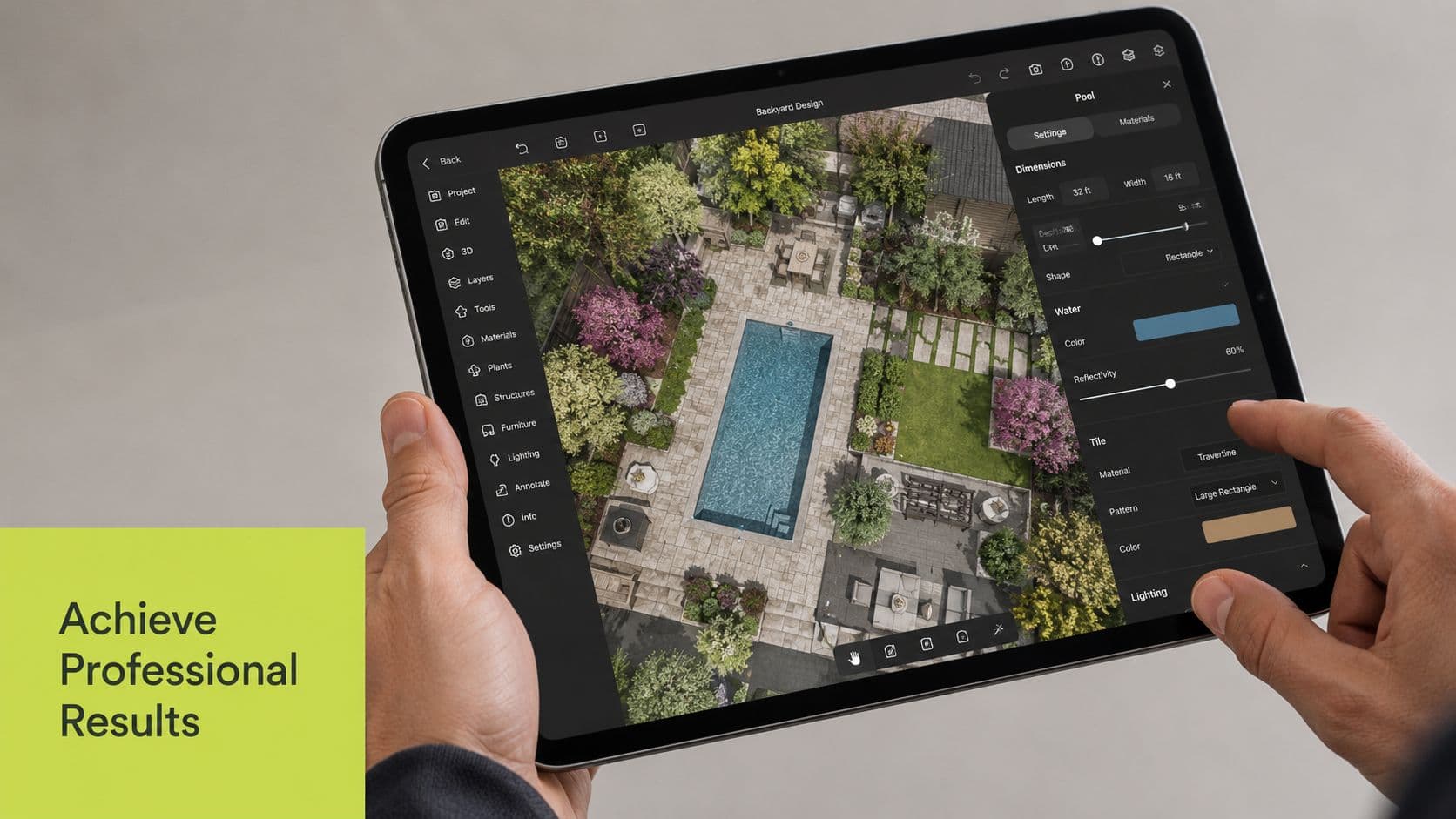 A person using an online landscape design tool on a tablet to customize a backyard pool project.