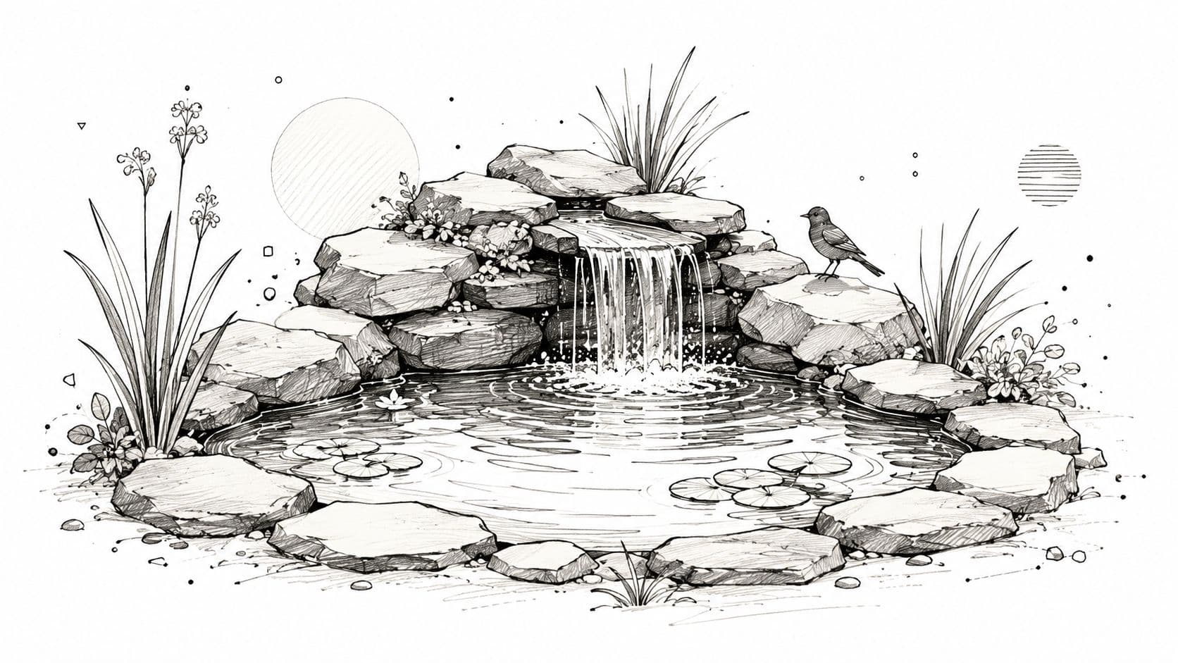 A black and white line art illustration of a serene garden pond with a small waterfall and bird.