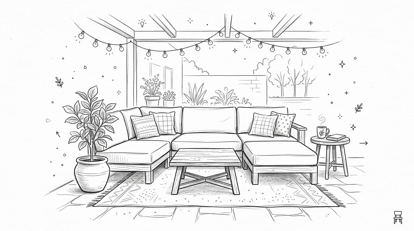 A black and white line drawing of a comfortable outdoor patio seating area with a sofa and rug.