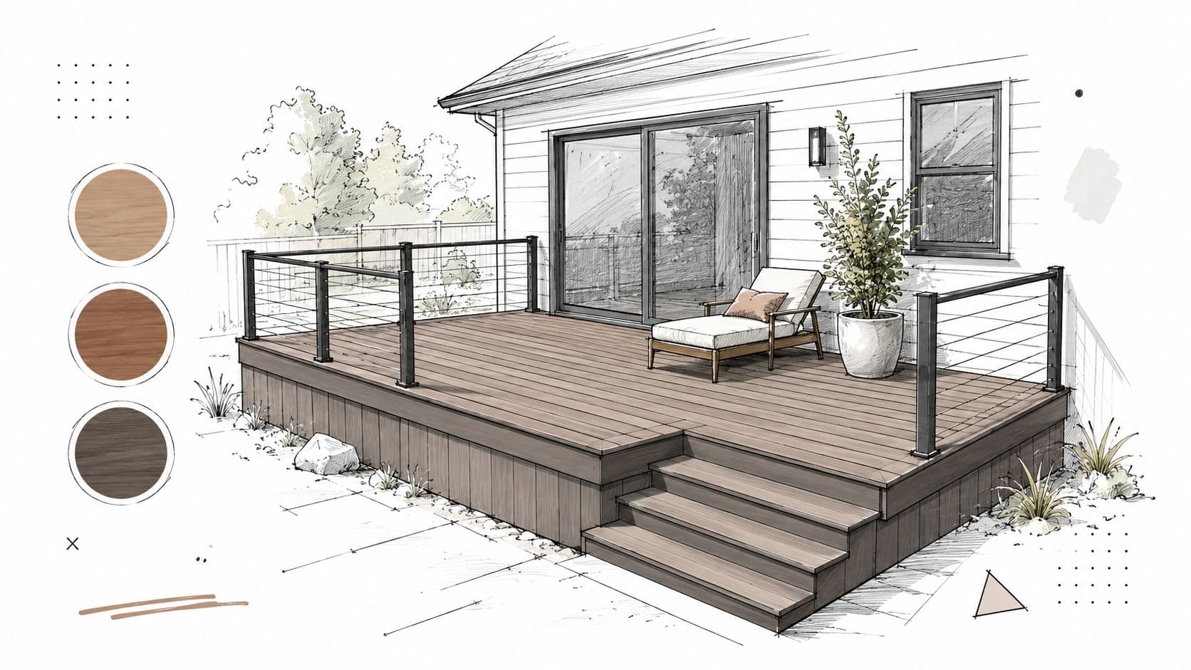 A pencil sketch of a wooden deck featuring modern cable railing, stairs, and a comfortable patio chair.