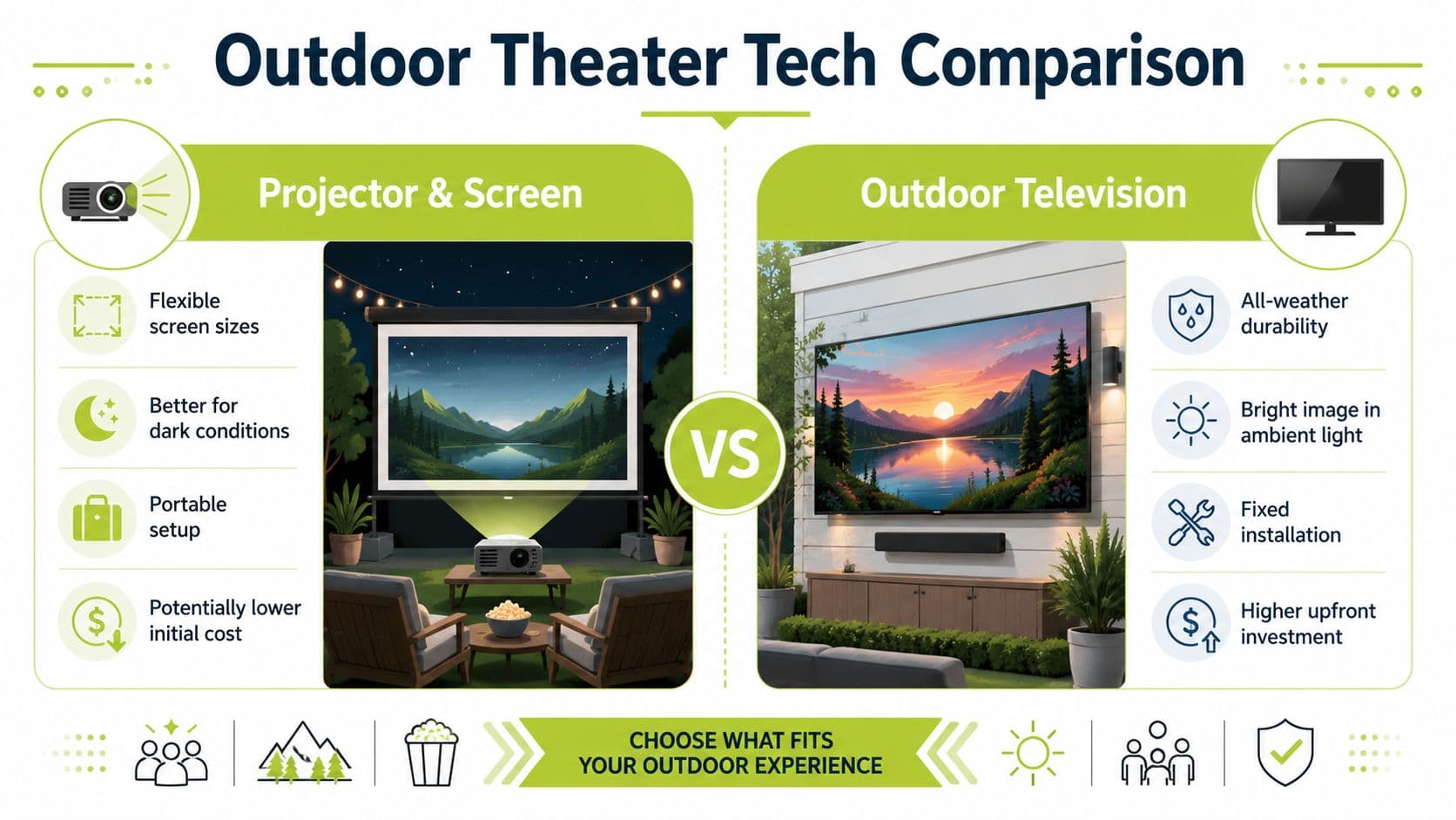 A comparative infographic showing the pros and cons of using outdoor projectors versus outdoor televisions for entertainment.